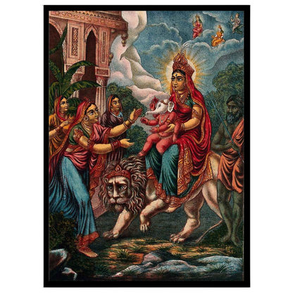 Immerse yourself in the divine power of goddess Durga as she majestically rides her lion, for room