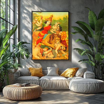 Immerse yourself in the vibrant tapestry of 'Durga's Triumph Over Chaos,' a stunning portrayal of for Balcony