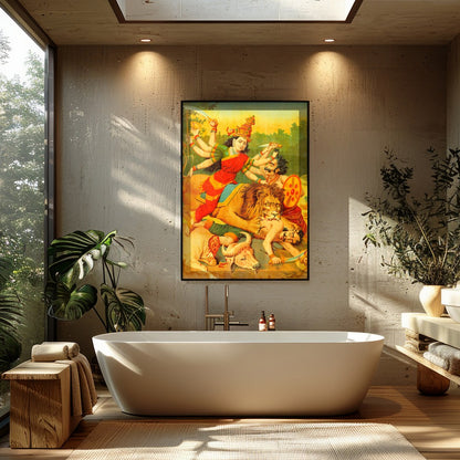 Immerse yourself in the vibrant tapestry of 'Durga's Triumph Over Chaos,' a stunning portrayal of for Bathroom