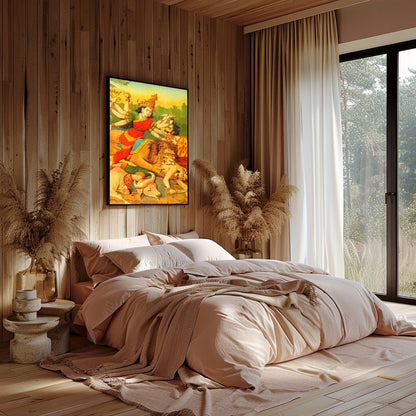 Immerse yourself in the vibrant tapestry of 'Durga's Triumph Over Chaos,' a stunning portrayal of for Bedroom