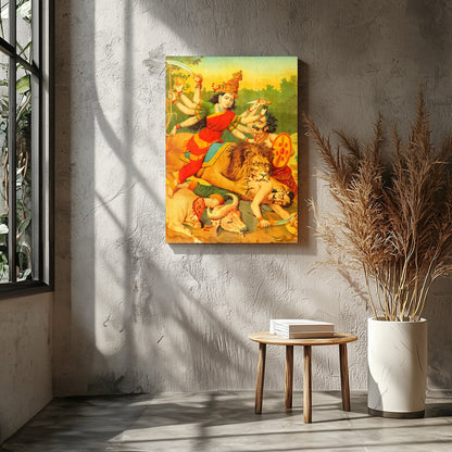 Immerse yourself in the vibrant tapestry of 'Durga's Triumph Over Chaos,' a stunning portrayal of for Entrance