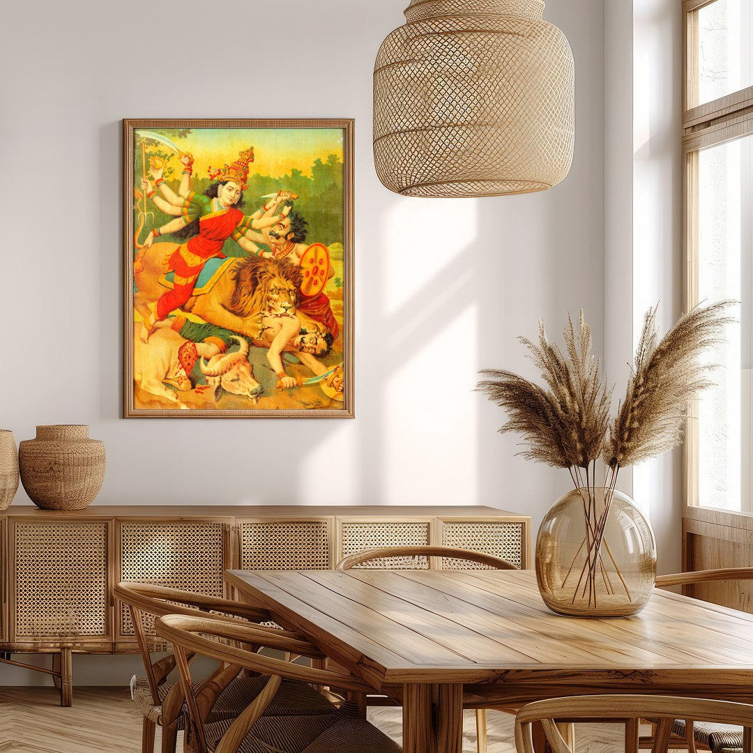 Immerse yourself in the vibrant tapestry of 'Durga's Triumph Over Chaos,' a stunning portrayal of for Extra Kitchen