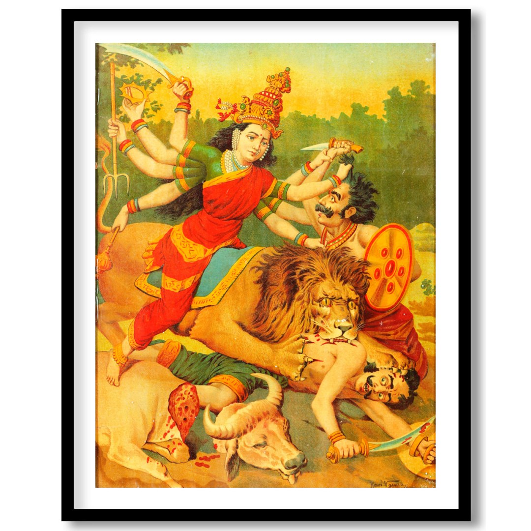 Immerse yourself in the vibrant tapestry of 'Durga's Triumph Over Chaos,' a stunning portrayal of for hallway