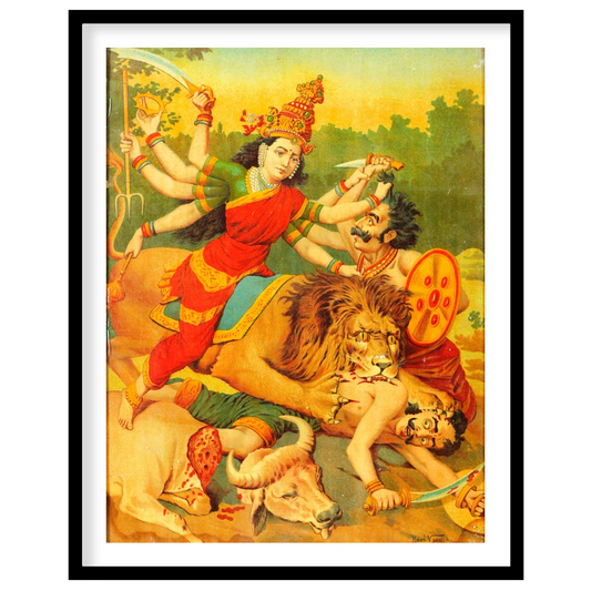 Immerse yourself in the vibrant tapestry of 'Durga's Triumph Over Chaos,' a stunning portrayal of for hallway