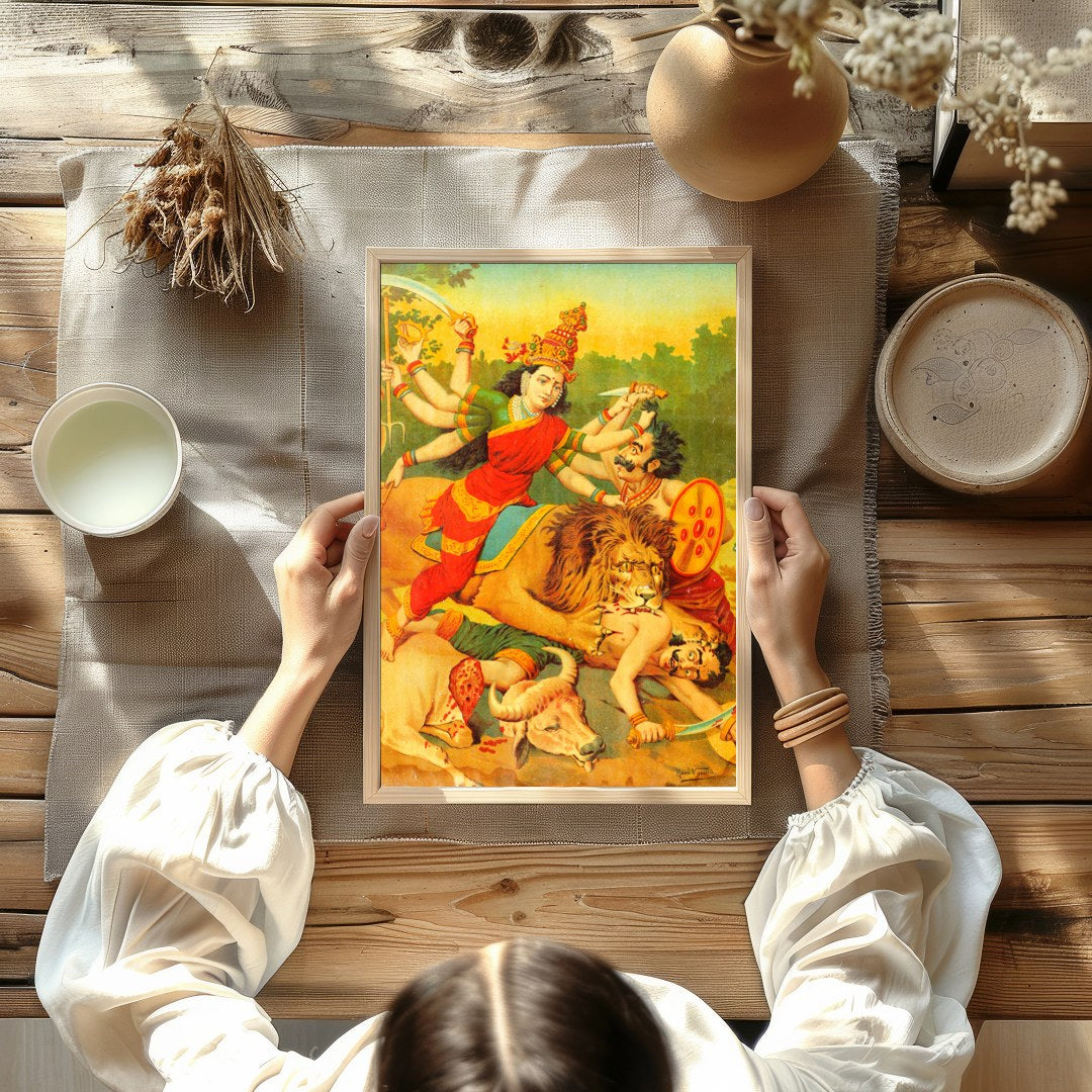 Immerse yourself in the vibrant tapestry of 'Durga's Triumph Over Chaos,' a stunning portrayal of for Kitchen