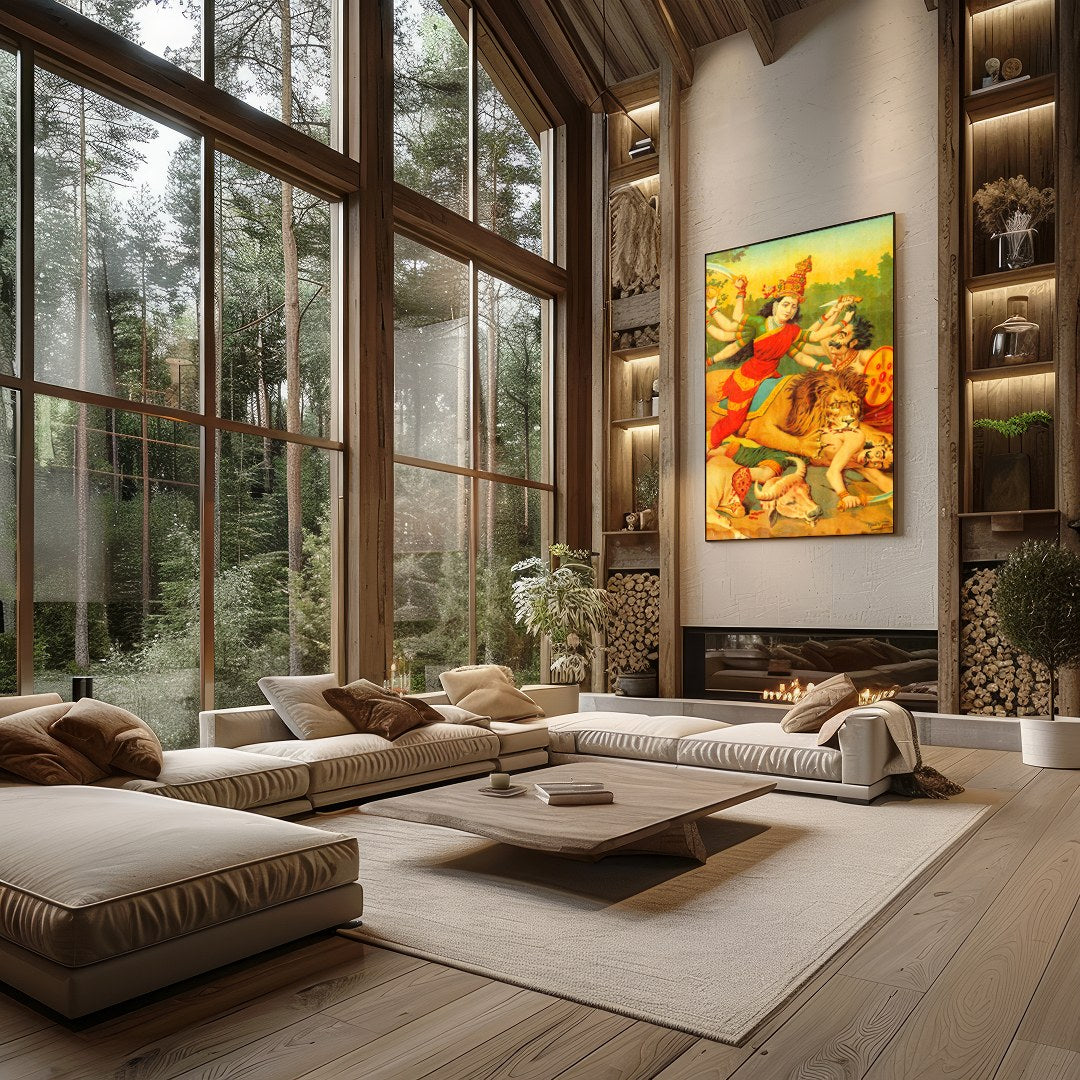 Immerse yourself in the vibrant tapestry of 'Durga's Triumph Over Chaos,' a stunning portrayal of for Living Room