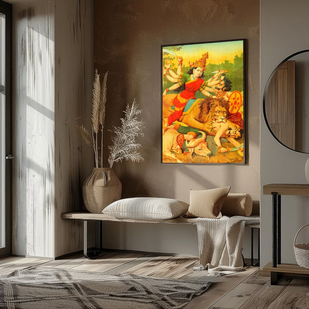 Immerse yourself in the vibrant tapestry of 'Durga's Triumph Over Chaos,' a stunning portrayal of for residence