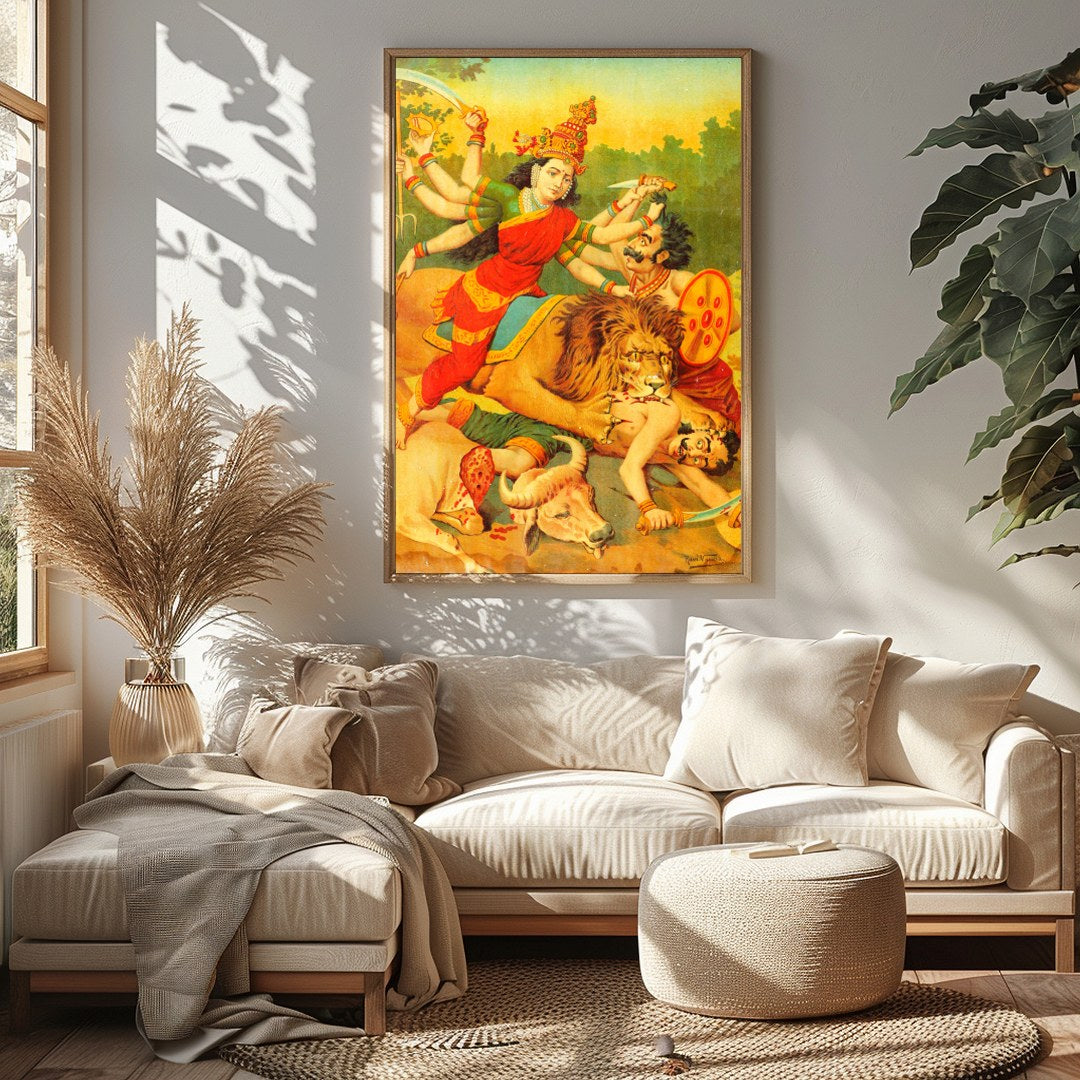 Immerse yourself in the vibrant tapestry of 'Durga's Triumph Over Chaos,' a stunning portrayal of for Sitting Area