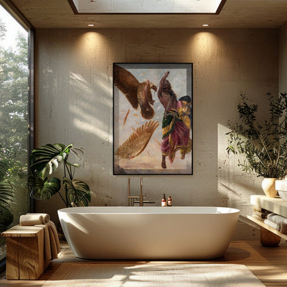 Immerse yourself in the powerful drama of mythical conflict with this stunning artwork. A vivid for Bathroom