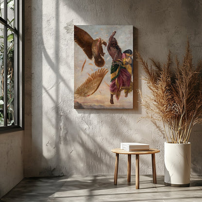 Immerse yourself in the powerful drama of mythical conflict with this stunning artwork. A vivid for Entrance