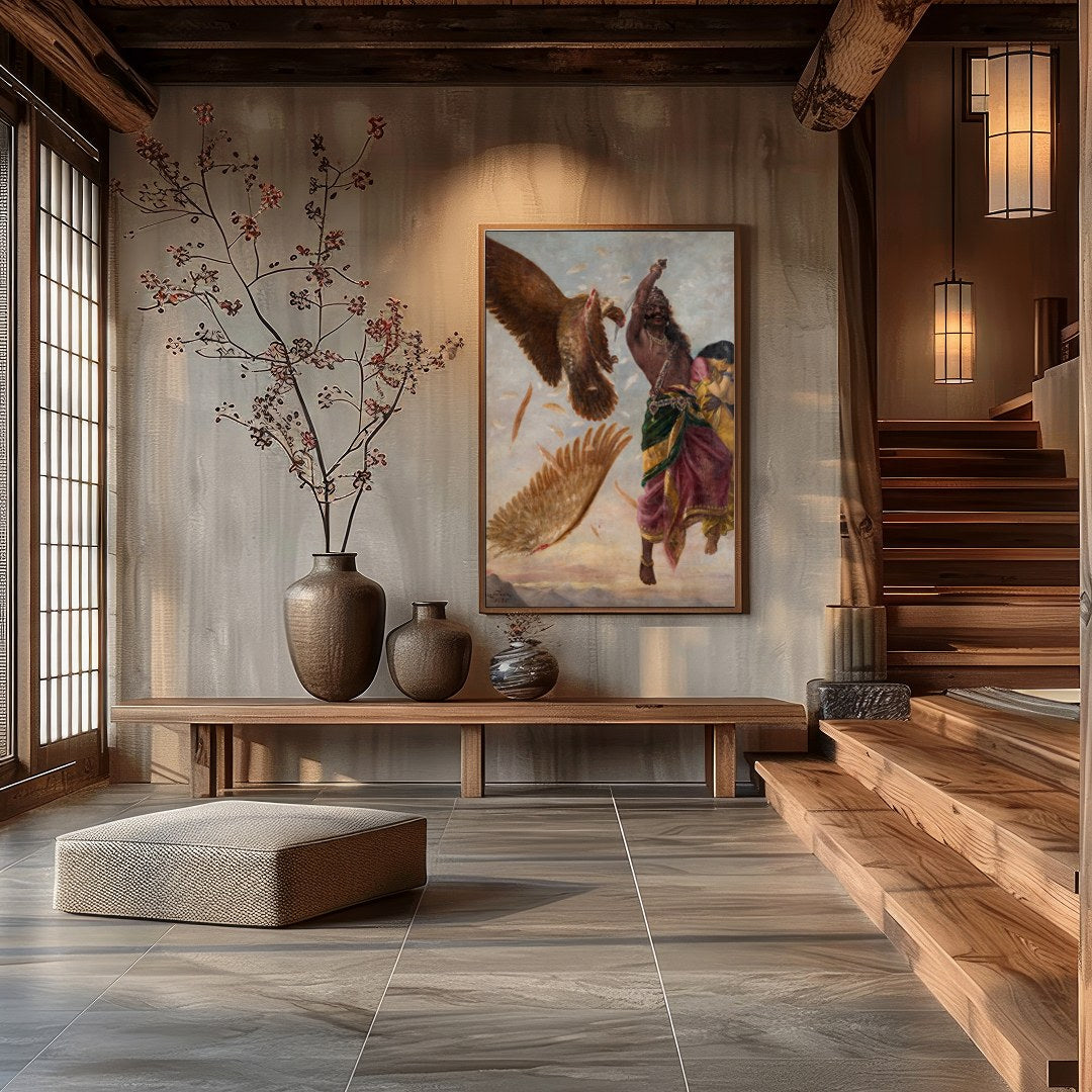 Immerse yourself in the powerful drama of mythical conflict with this stunning artwork. A vivid for Hall
