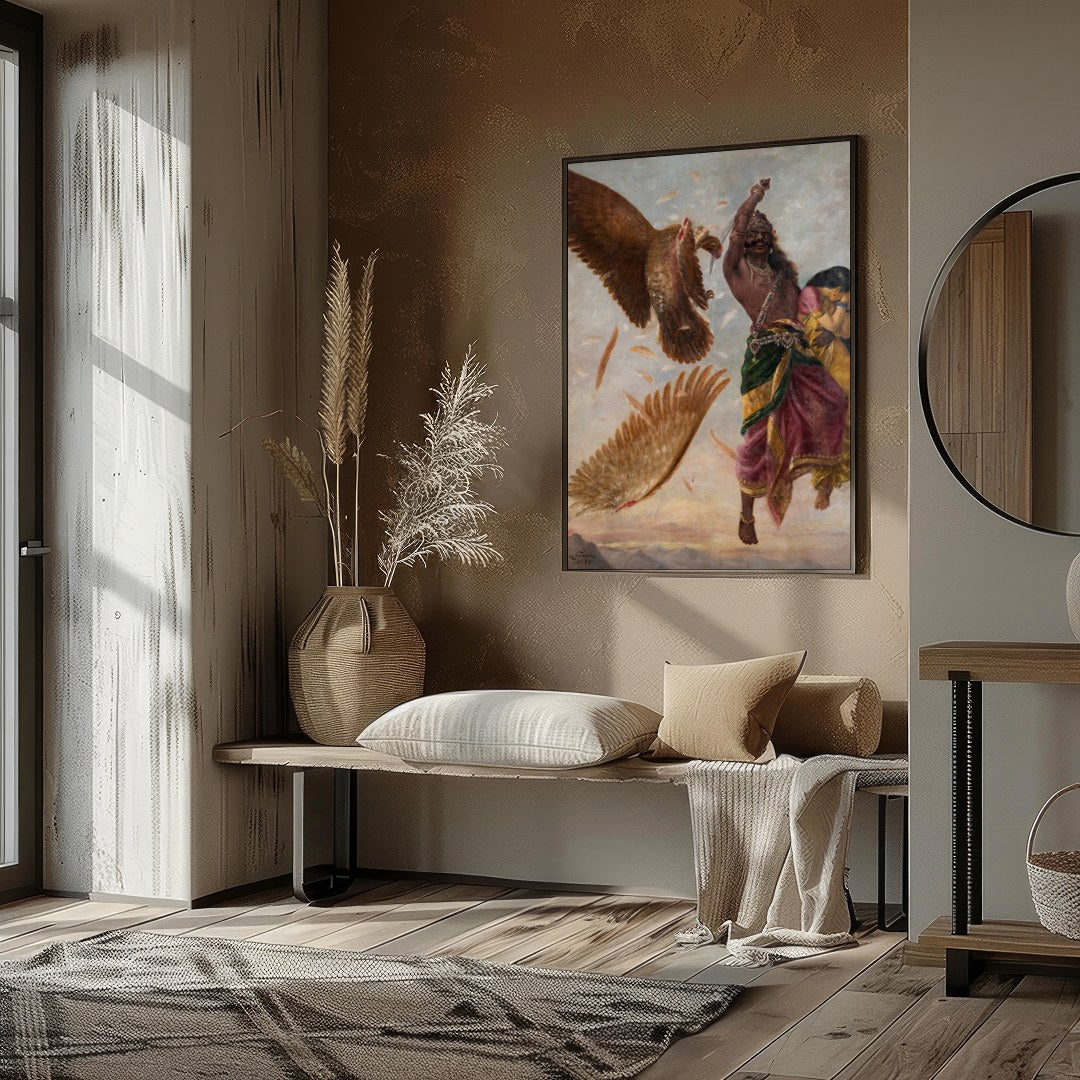 Immerse yourself in the powerful drama of mythical conflict with this stunning artwork. A vivid for interior
