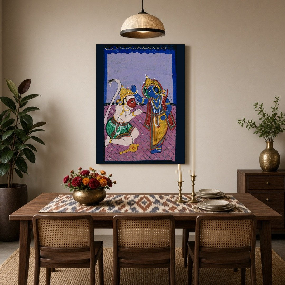 Immerse yourself in the timeless tale of devotion and strength with this striking Indian miniature for Dining
