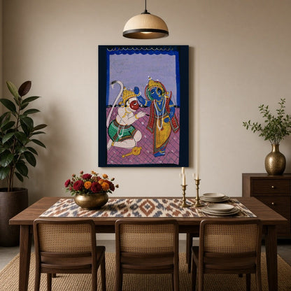 Immerse yourself in the timeless tale of devotion and strength with this striking Indian miniature for Dining