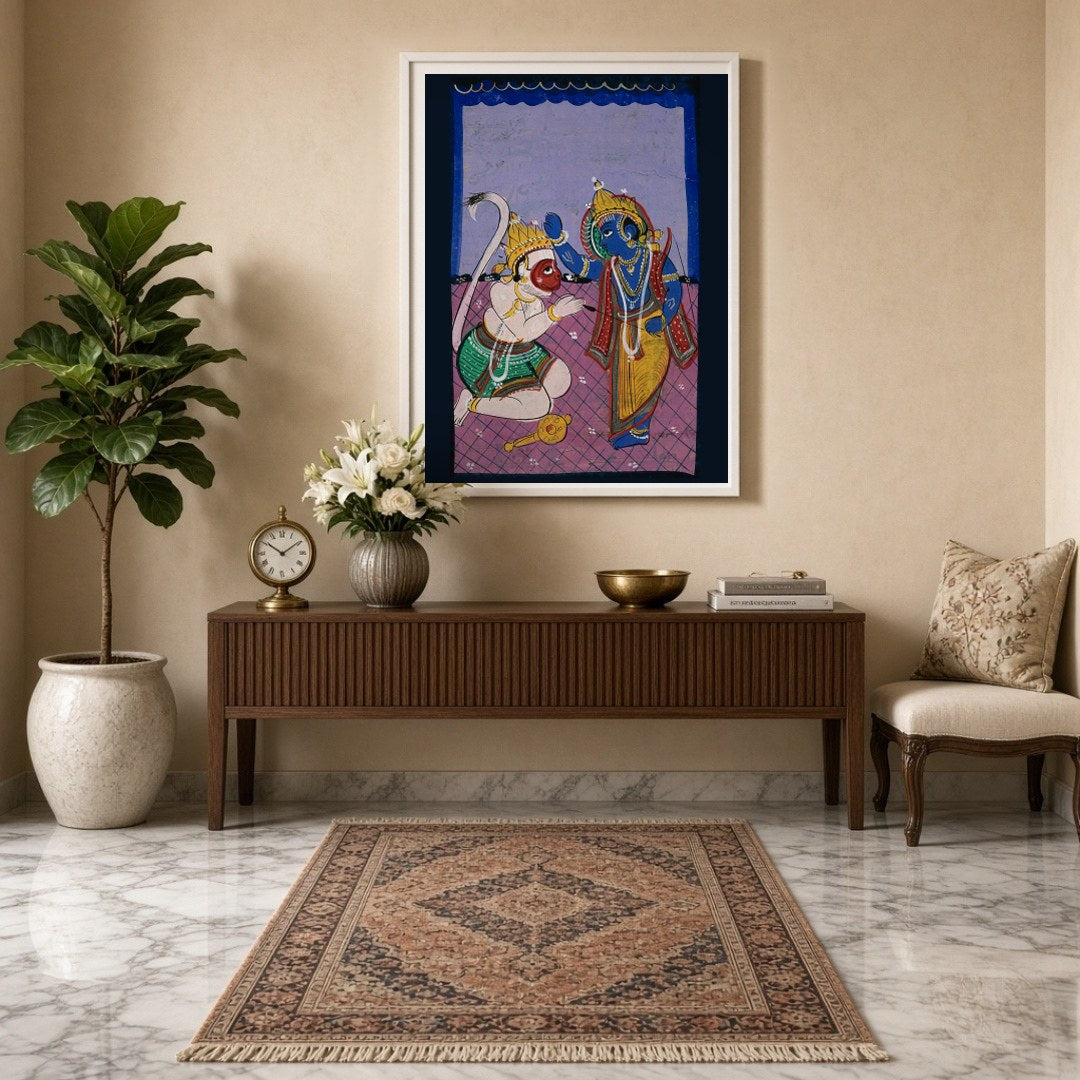 Immerse yourself in the timeless tale of devotion and strength with this striking Indian miniature for Entrance