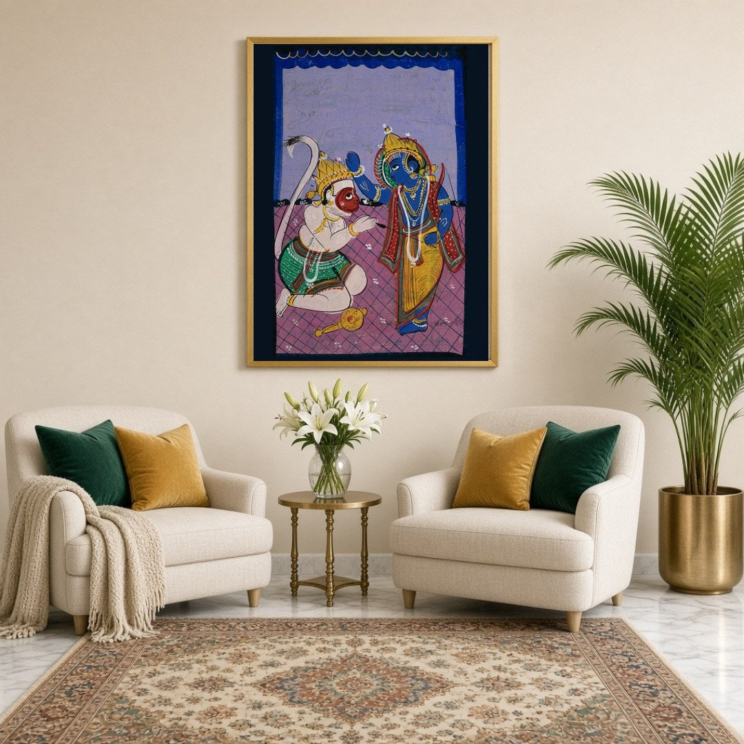 Immerse yourself in the timeless tale of devotion and strength with this striking Indian miniature for Sitting Lounge