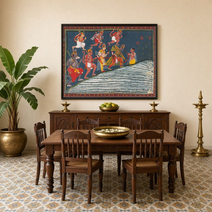 Immerse yourself in the epic tale of devotion and strength with this exquisite Indian Miniature for Dining