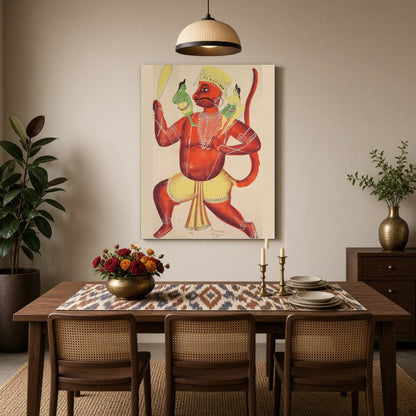 Immerse yourself in the divine narrative of Lord Hanuman carrying Rama and Lakshmana, beautifully for Dining