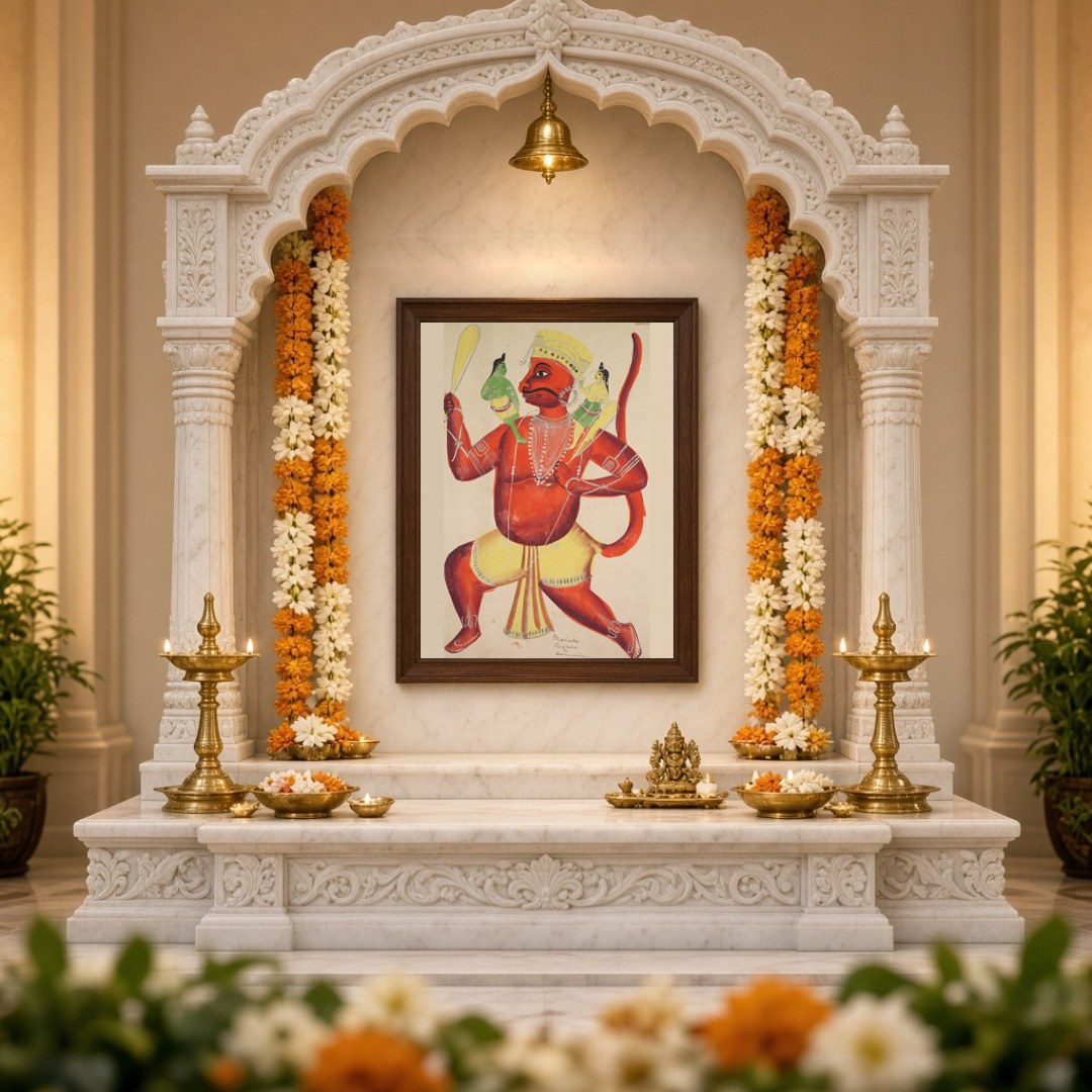 Immerse yourself in the divine narrative of Lord Hanuman carrying Rama and Lakshmana, beautifully for Home Temple