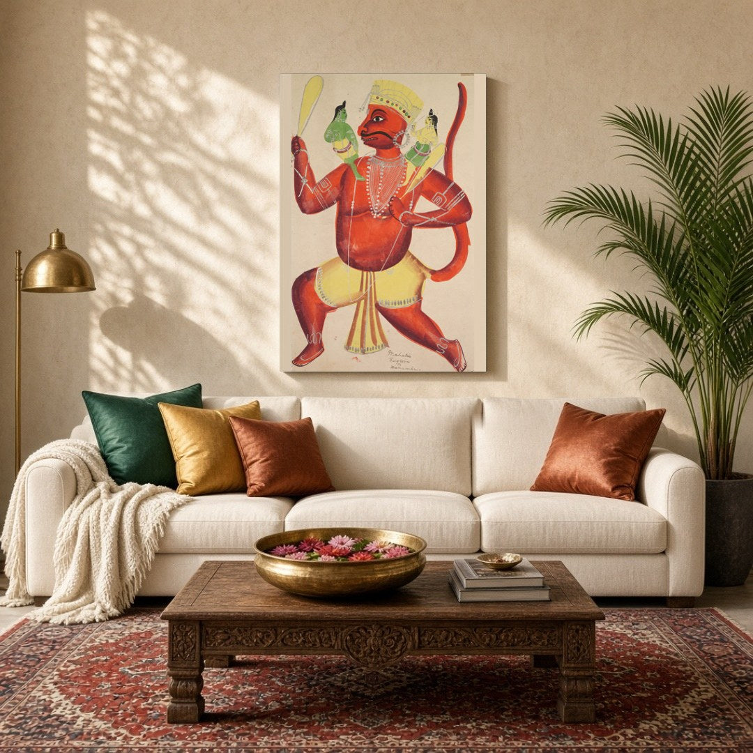 Immerse yourself in the divine narrative of Lord Hanuman carrying Rama and Lakshmana, beautifully for Living Room