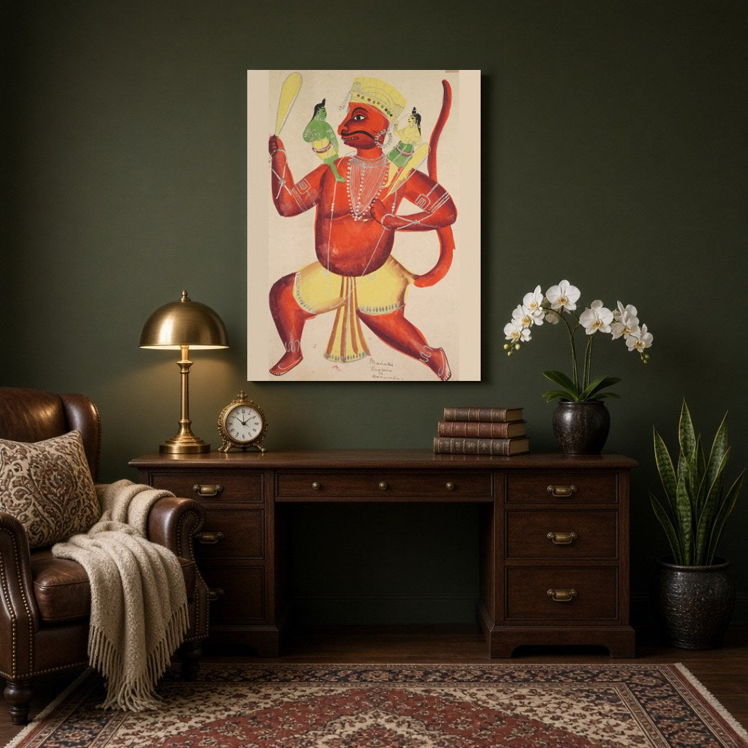 Immerse yourself in the divine narrative of Lord Hanuman carrying Rama and Lakshmana, beautifully for Study