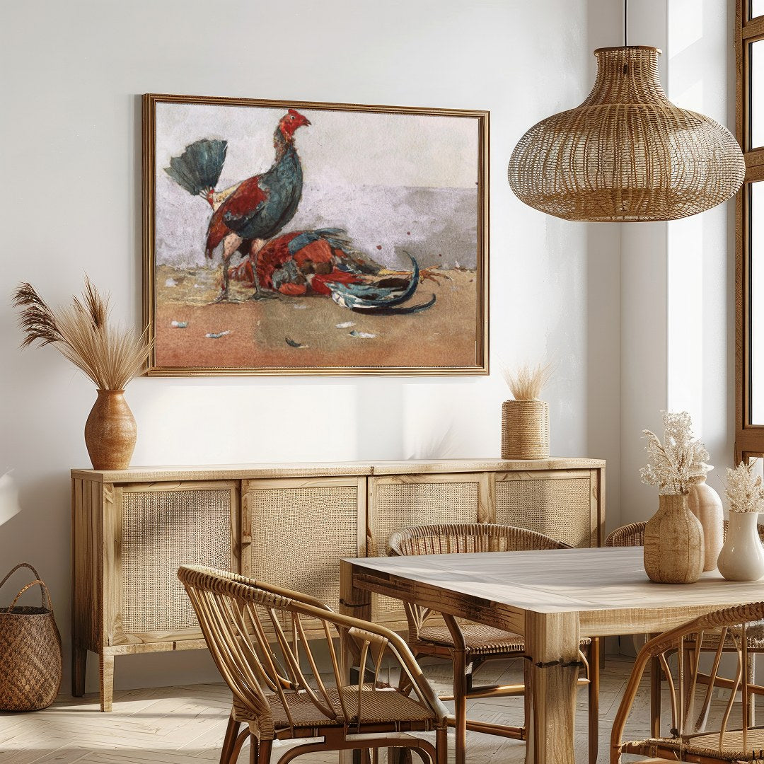 This captivating artwork captures the vibrant energy and drama of roosters in motion. With a rustic for Dining