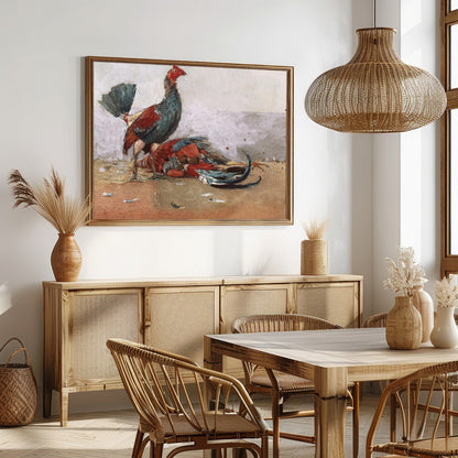 This captivating artwork captures the vibrant energy and drama of roosters in motion. With a rustic for Dining