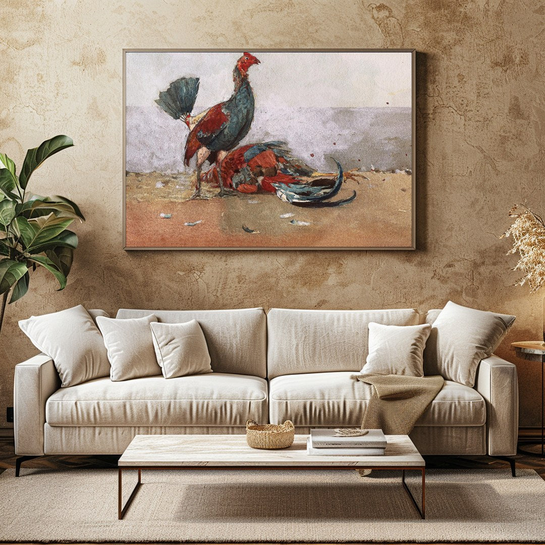 This captivating artwork captures the vibrant energy and drama of roosters in motion. With a rustic for Family Room