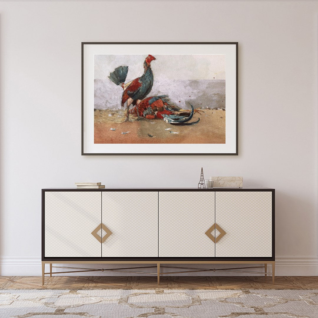 This captivating artwork captures the vibrant energy and drama of roosters in motion. With a rustic for Foyer