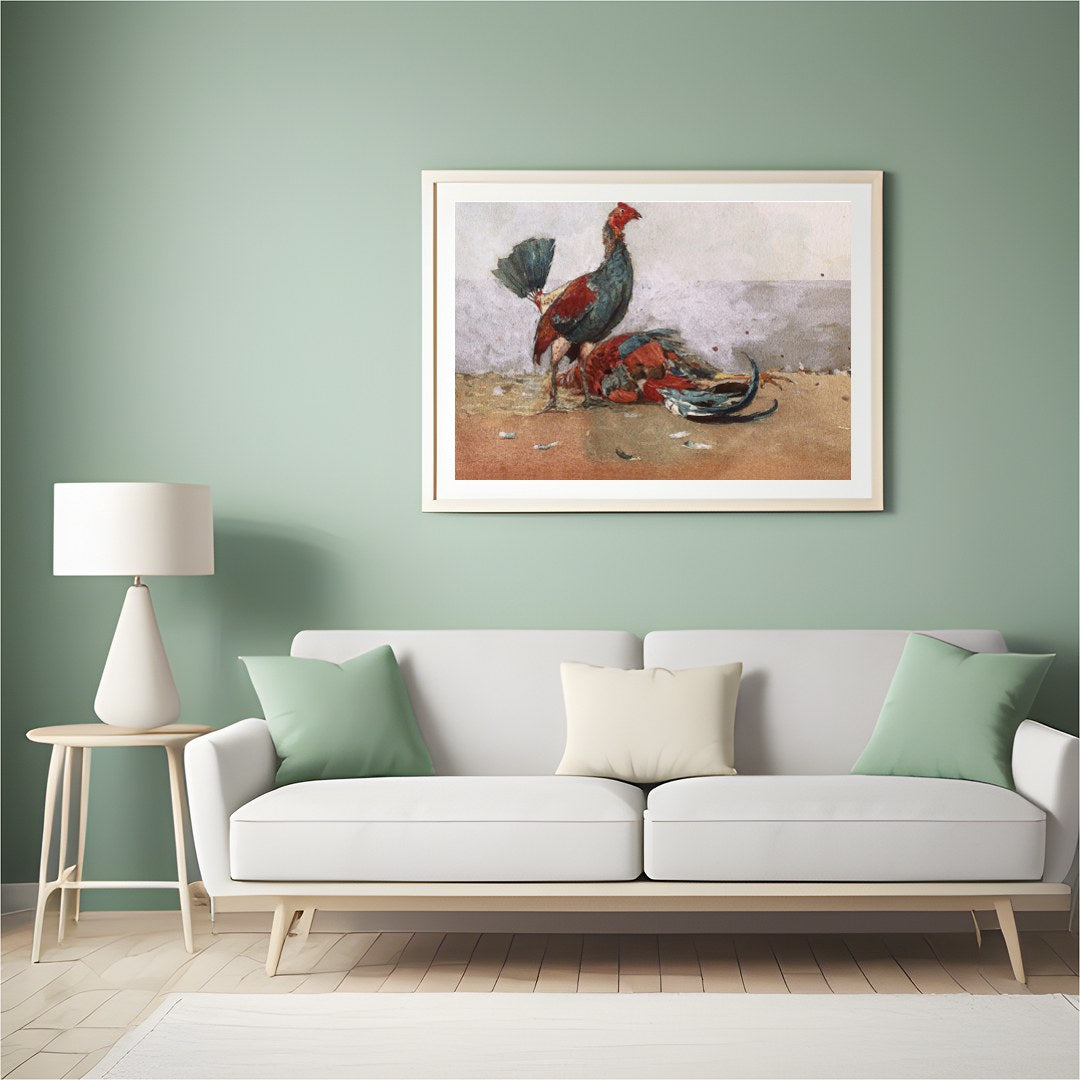 This captivating artwork captures the vibrant energy and drama of roosters in motion. With a rustic for Hall