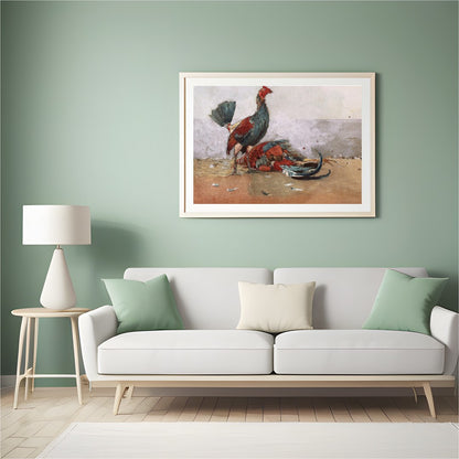 This captivating artwork captures the vibrant energy and drama of roosters in motion. With a rustic for Hall
