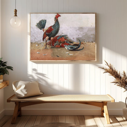 This captivating artwork captures the vibrant energy and drama of roosters in motion. With a rustic for Hallway