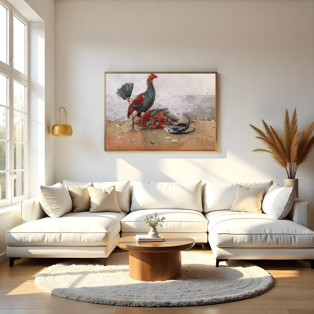 This captivating artwork captures the vibrant energy and drama of roosters in motion. With a rustic for Living Room