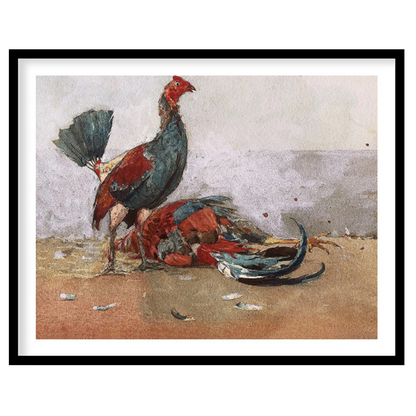This captivating artwork captures the vibrant energy and drama of roosters in motion. With a rustic for loft