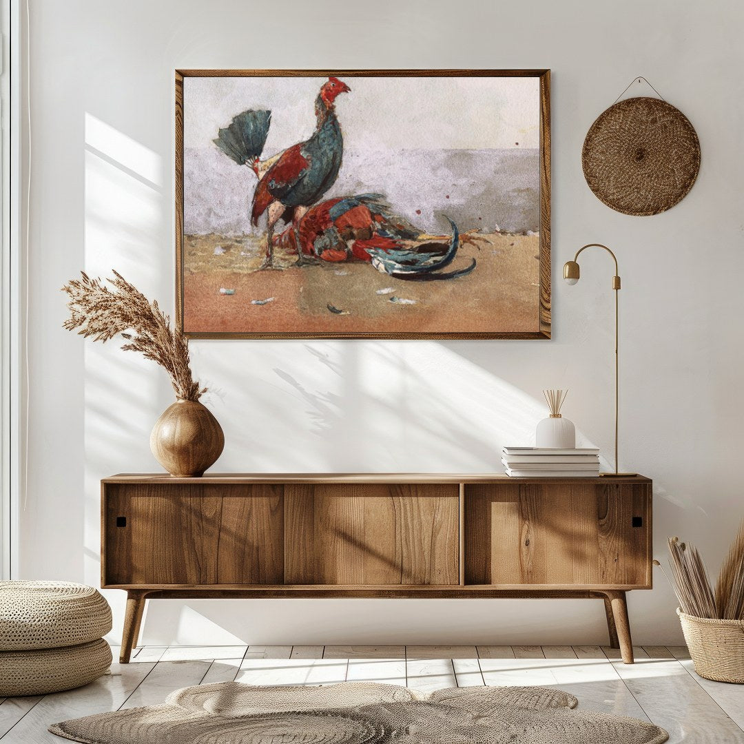 This captivating artwork captures the vibrant energy and drama of roosters in motion. With a rustic for Sitting Area