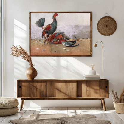 This captivating artwork captures the vibrant energy and drama of roosters in motion. With a rustic for Sitting Area