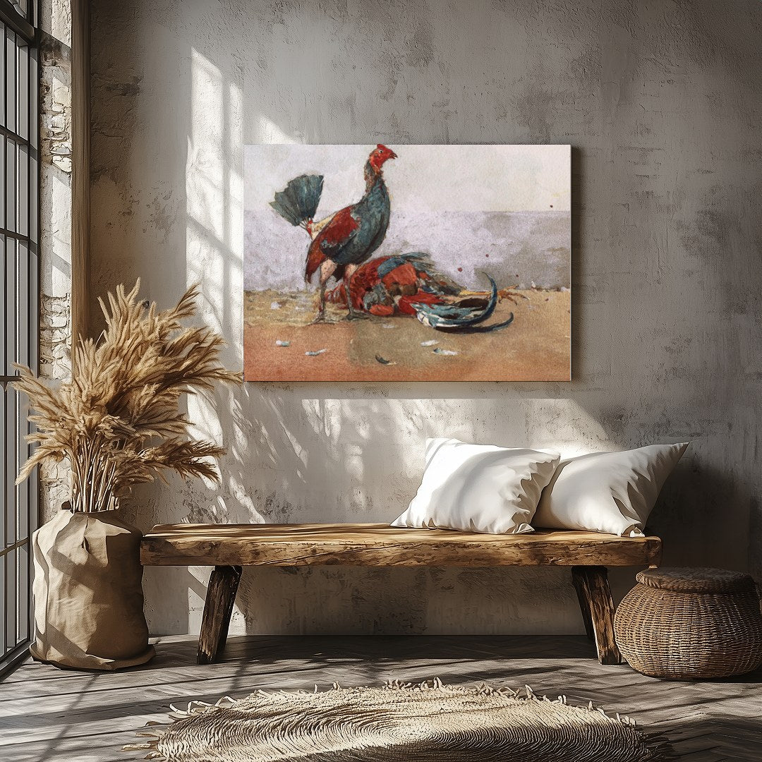 This captivating artwork captures the vibrant energy and drama of roosters in motion. With a rustic for Veranda