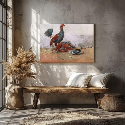 This captivating artwork captures the vibrant energy and drama of roosters in motion. With a rustic for Veranda