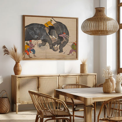 This captivating artwork portrays a traditional elephant duel, capturing the intensity and motion for Dining