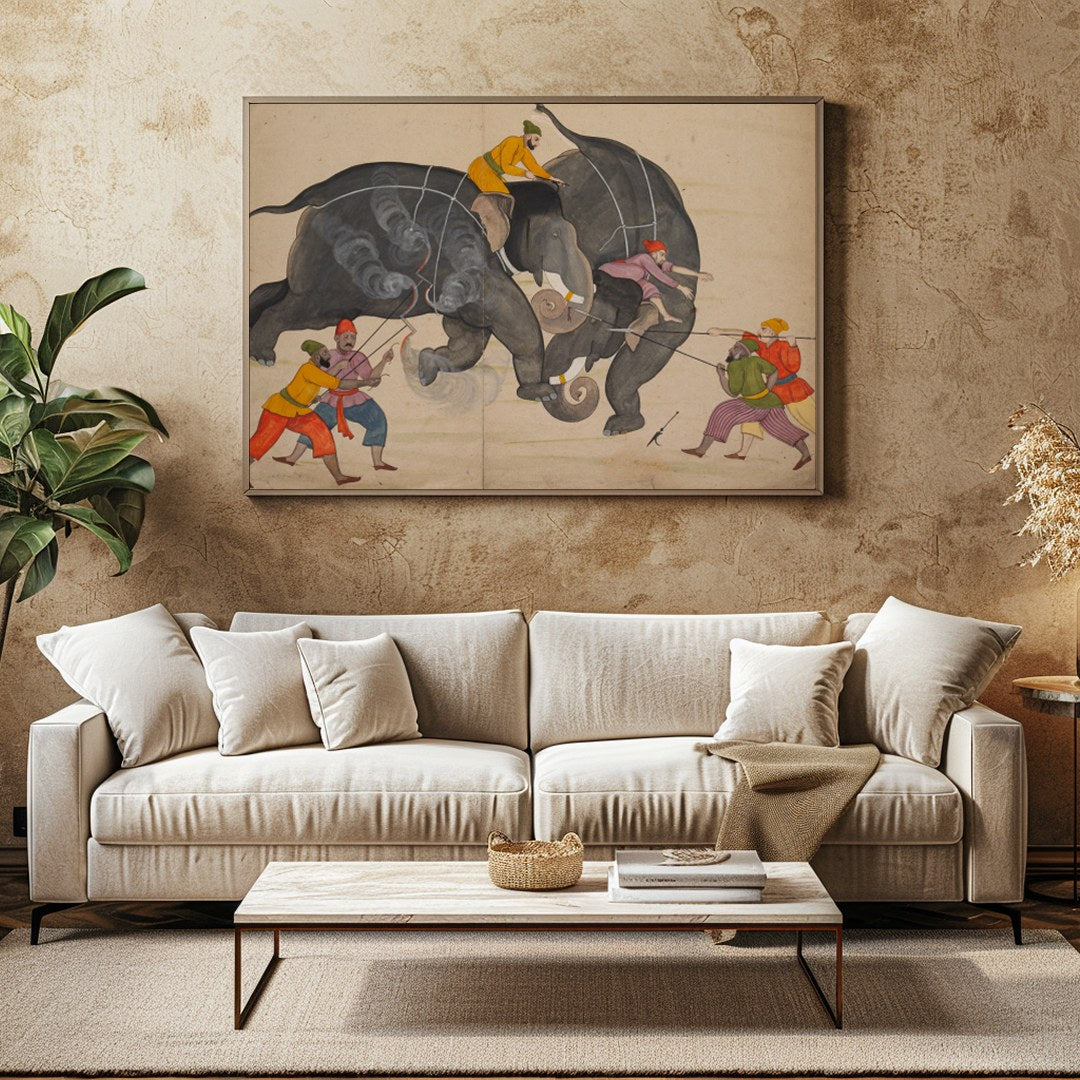 This captivating artwork portrays a traditional elephant duel, capturing the intensity and motion for Family Room