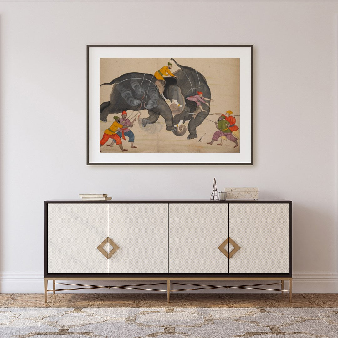 This captivating artwork portrays a traditional elephant duel, capturing the intensity and motion for Foyer