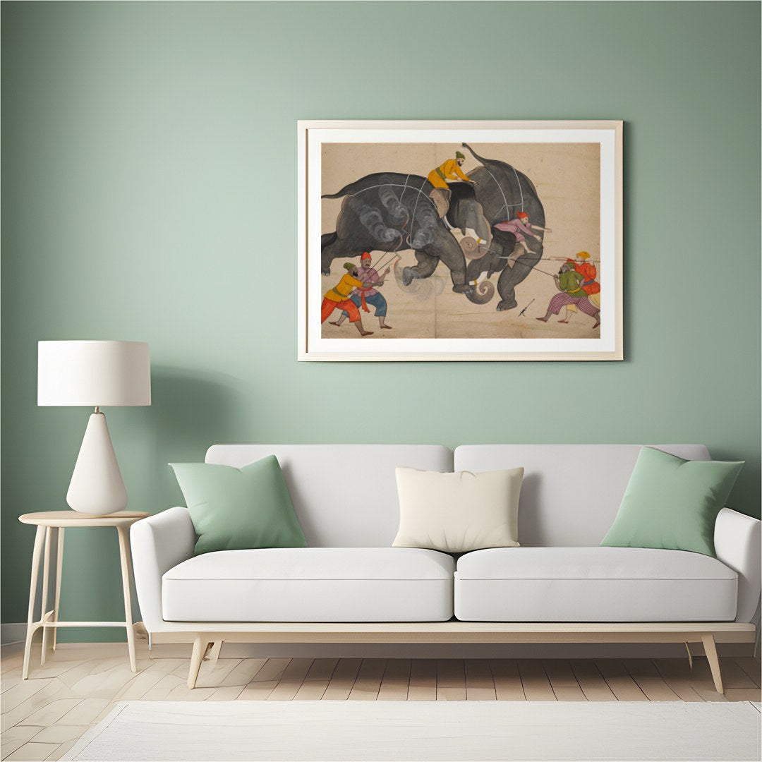 This captivating artwork portrays a traditional elephant duel, capturing the intensity and motion for Hall