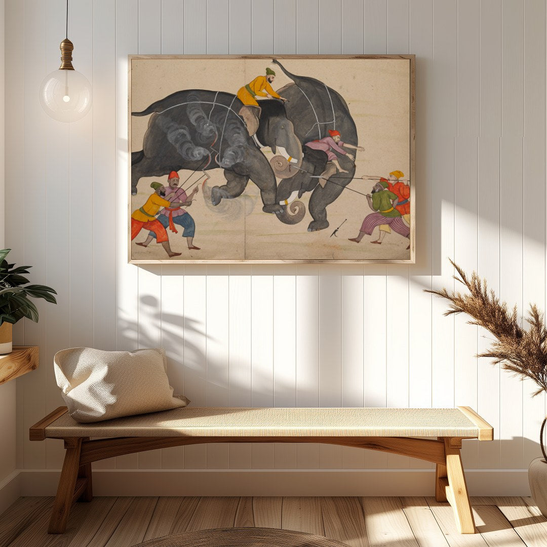 This captivating artwork portrays a traditional elephant duel, capturing the intensity and motion for Hallway