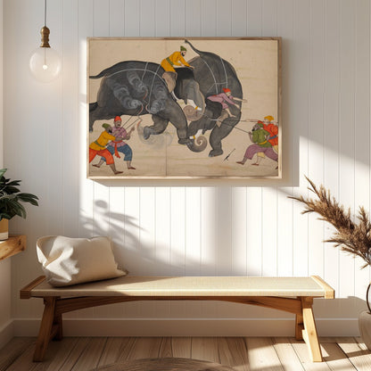 This captivating artwork portrays a traditional elephant duel, capturing the intensity and motion for Hallway
