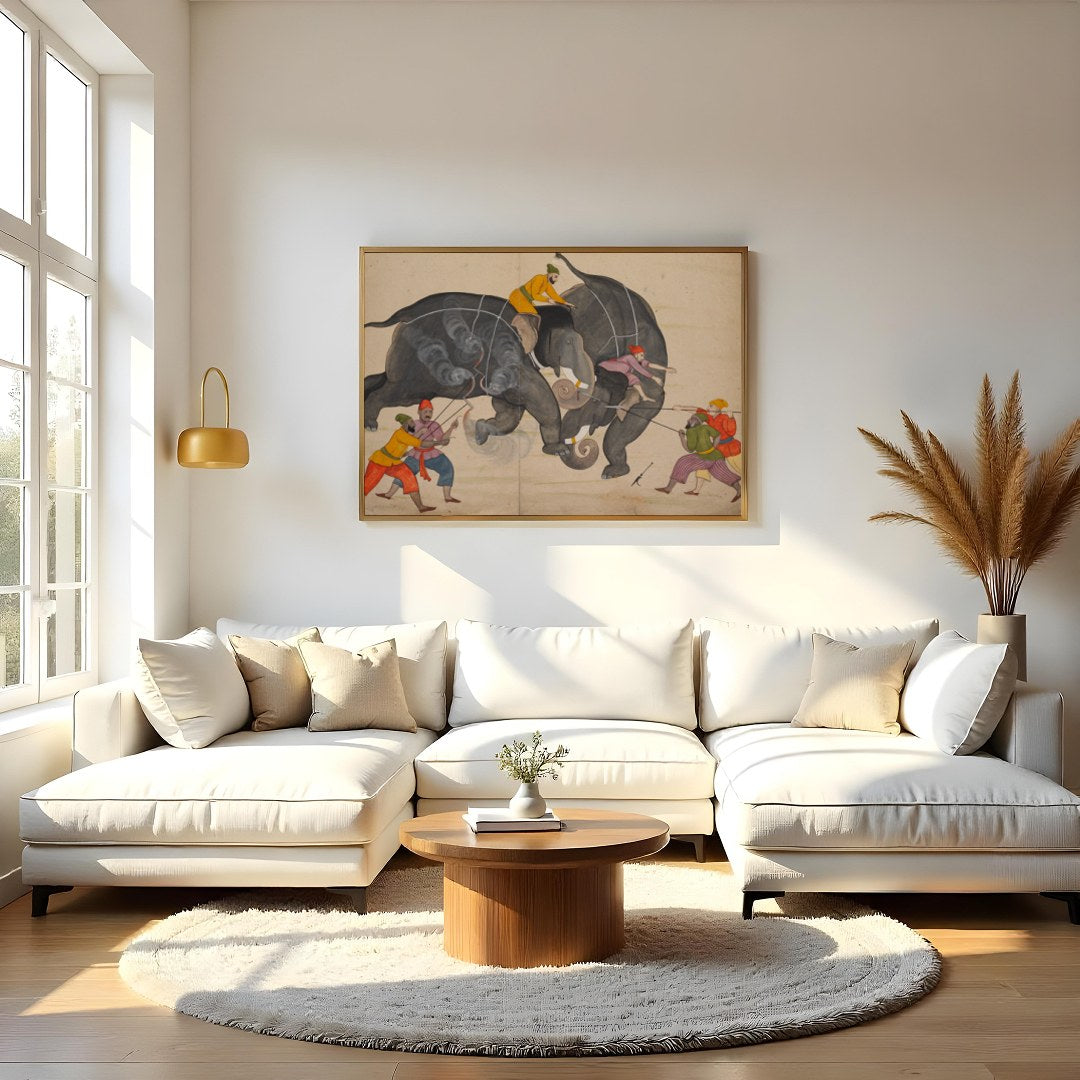 This captivating artwork portrays a traditional elephant duel, capturing the intensity and motion for Living Room