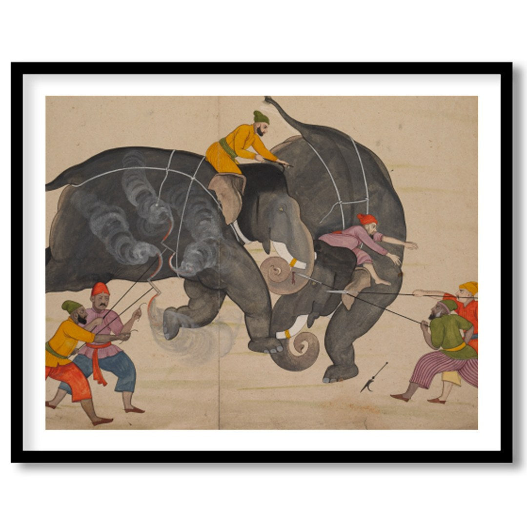 This captivating artwork portrays a traditional elephant duel, capturing the intensity and motion for sanctuary