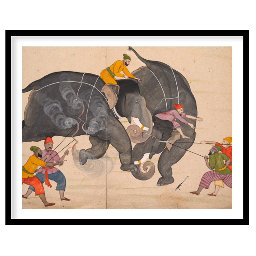 This captivating artwork portrays a traditional elephant duel, capturing the intensity and motion for sanctuary