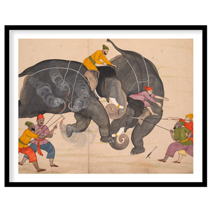 This captivating artwork portrays a traditional elephant duel, capturing the intensity and motion for sanctuary