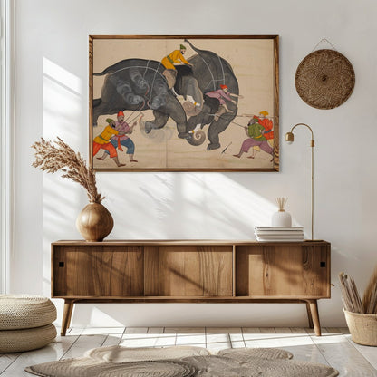 This captivating artwork portrays a traditional elephant duel, capturing the intensity and motion for Sitting Area