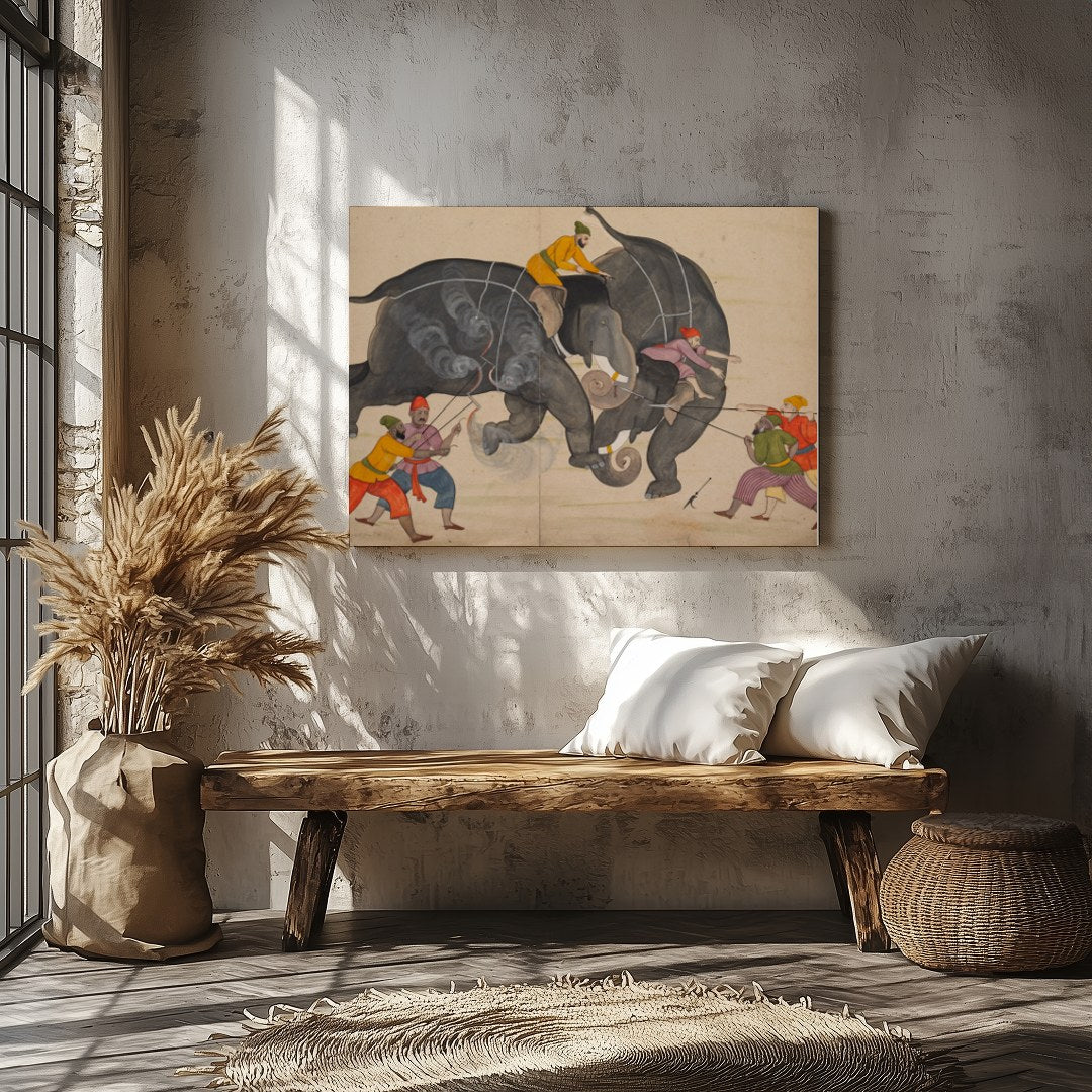 This captivating artwork portrays a traditional elephant duel, capturing the intensity and motion for Veranda